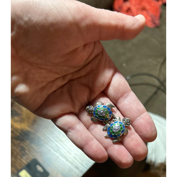 Vintage Sterling Silver 925 Enamel Turtle Stud Earrings - Picture 11 of 16